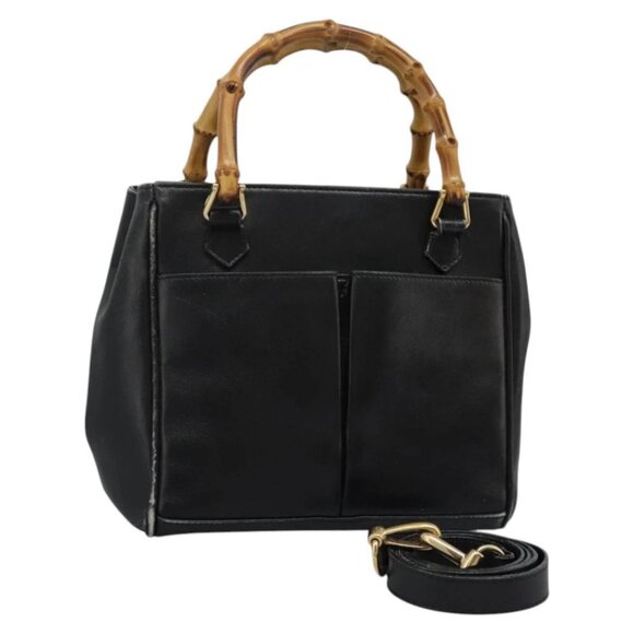 GUCCI Bamboo Hand Bag Leather 2way Black Gold - Picture 1 of 16